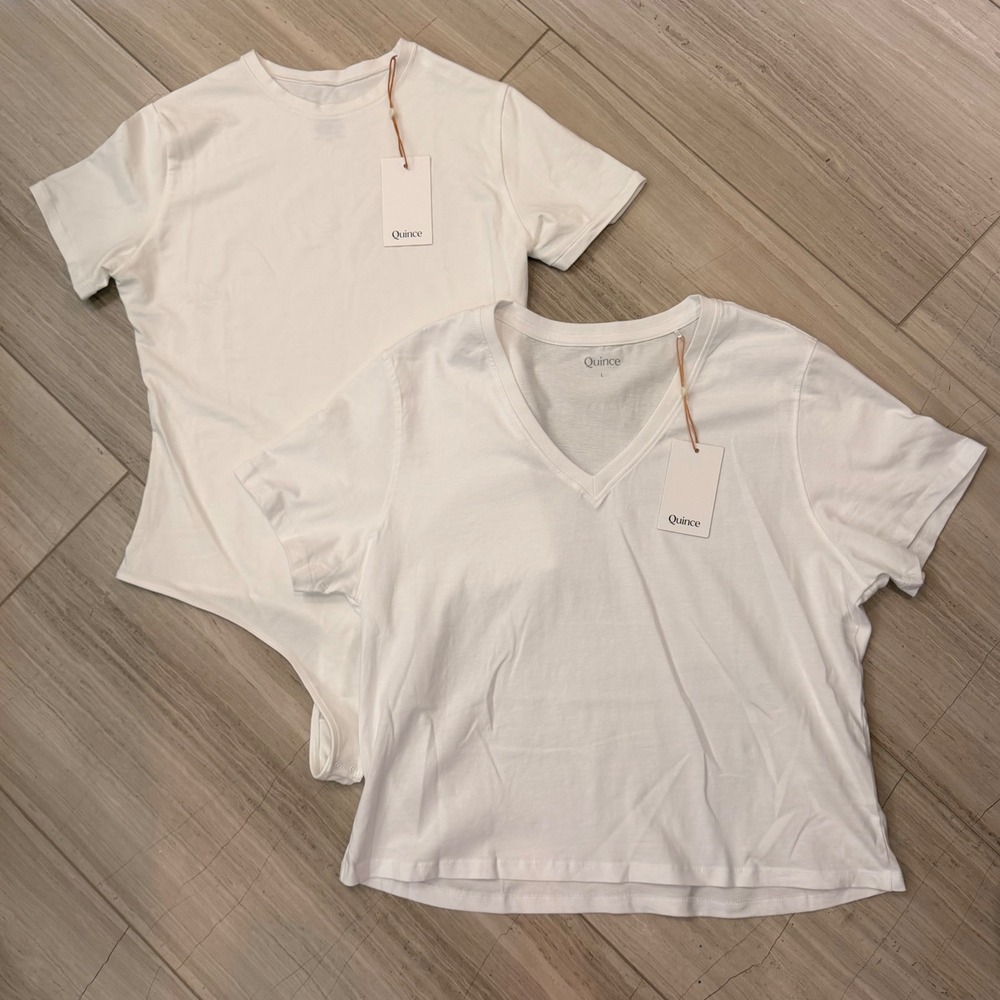 Quince Set of 2 Organic Cotton Bodysuit Boxy V Neck Tee Short Sleeve Large NWT